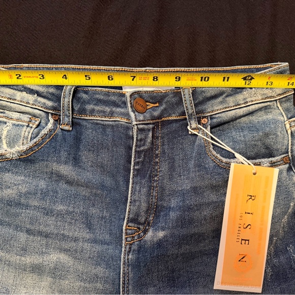 Risen jeans  high rise dark wash Straight Leg Jeans long 33” frayed hem - Picture 4 of 15